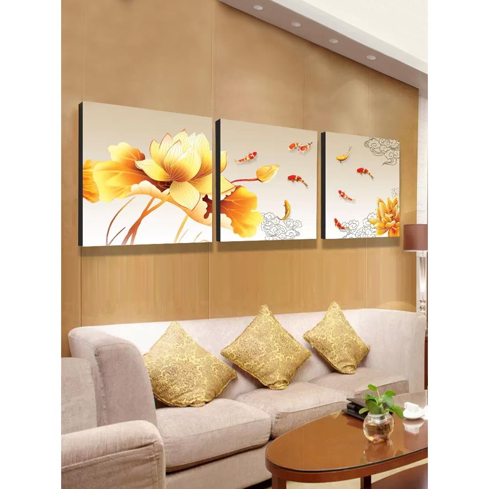 客厅装饰画沙发背景墙大气三联画简约现代九鱼图壁画餐厅卧室挂画