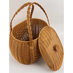 手工藤编织手篮带盖购物篮户外野餐篮采摘水果篮储物篮