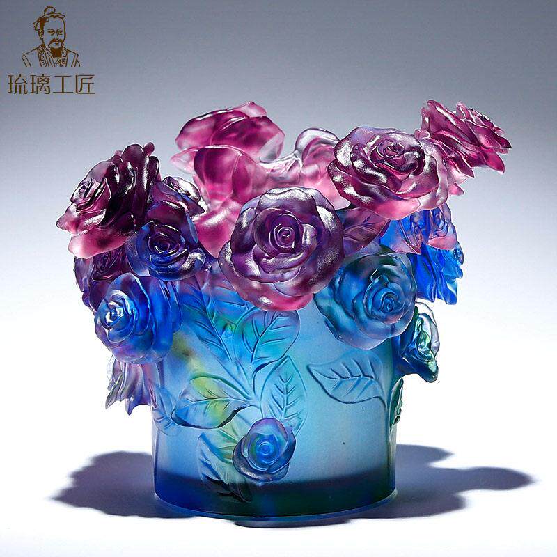 非遗手工艺琉璃创意玫瑰花小花瓶轻奢高级感乔迁新居礼物桌面摆件