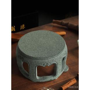 圆形花架天然青石底座原石雕刻镂空工艺整石加工覆古石头盆景底座