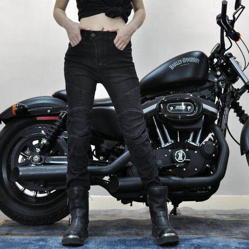 VOLERO休闲 覆古弹力机车裤 机车牛仔裤女骑 机车赛车防摔骑行裤