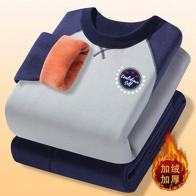 冬季加绒加厚青少年德绒发热衣裤男士中学生防寒无痕秋衣卫生裤