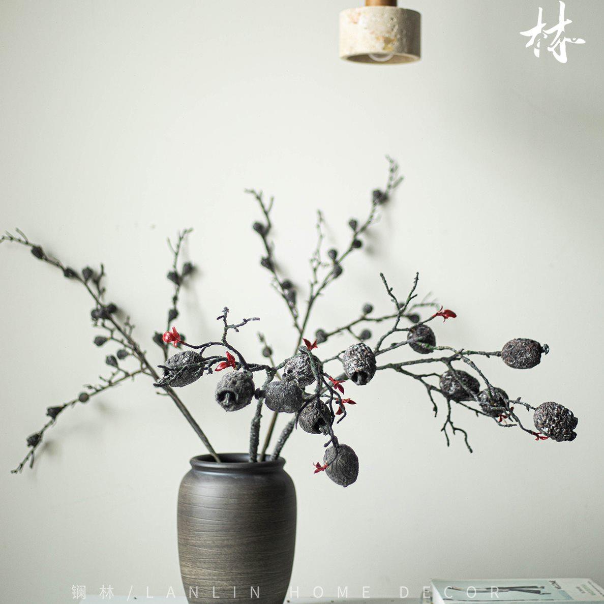 仿真花摆件假花干花复古禅意秋色寇栗干枝果民宿粗陶插花装饰果实