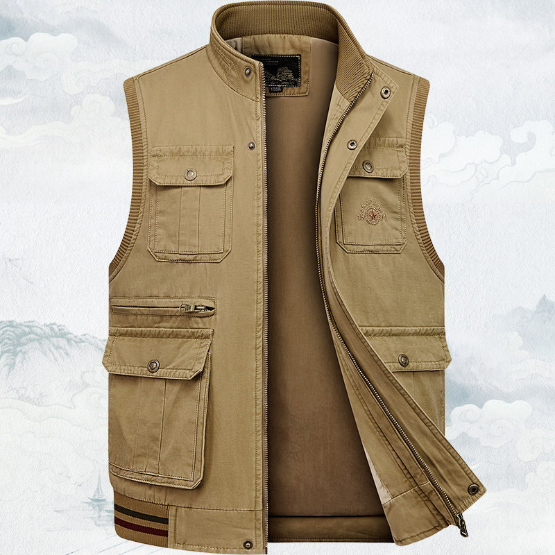 工装多口袋纯棉水洗男士马甲中老年马夹爸爸春秋立领上衣坎肩背心,男装,常规马甲,淘宝优惠券,粉丝福利购,淘宝优惠卷