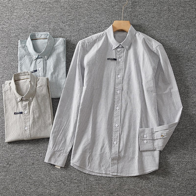 外贸日系c 秋季男士水洗纯棉舒适清新细条纹翻领休闲长袖衬衫 衬