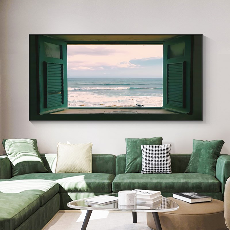 海景窗户客厅装饰画空间延伸横幅沙发背景墙挂画法式中古卧室壁画
