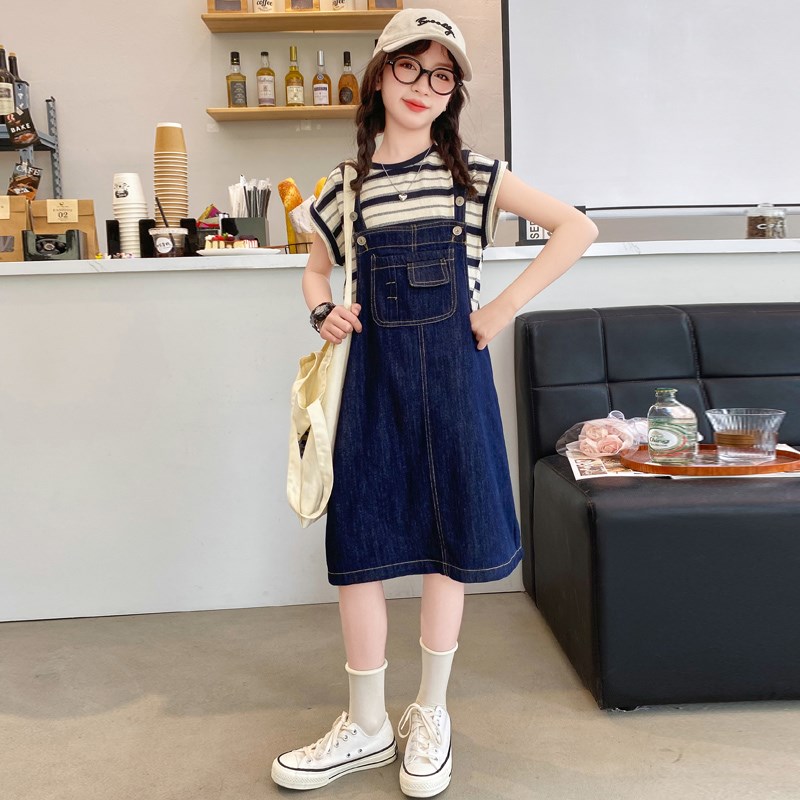女童背带裙夏装套装2024新款儿童洋气连衣裙女孩牛仔裙薄款两件套
