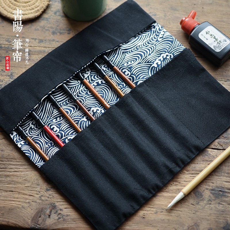 文房四宝中国风仿刺绣带帽麻布简约大容量O小清新卷笔袋毛笔笔帘