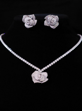 锆石项链耳环套装女百搭小众设计感花朵高级感新娘婚纱晚礼服配饰