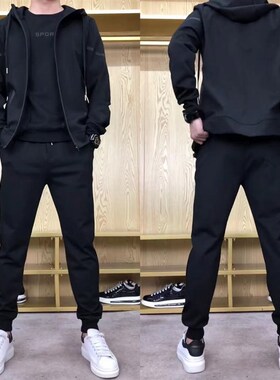 T819秋冬潮牌加绒运动三件套装卫衣长裤连帽外套男士运动套装运动
