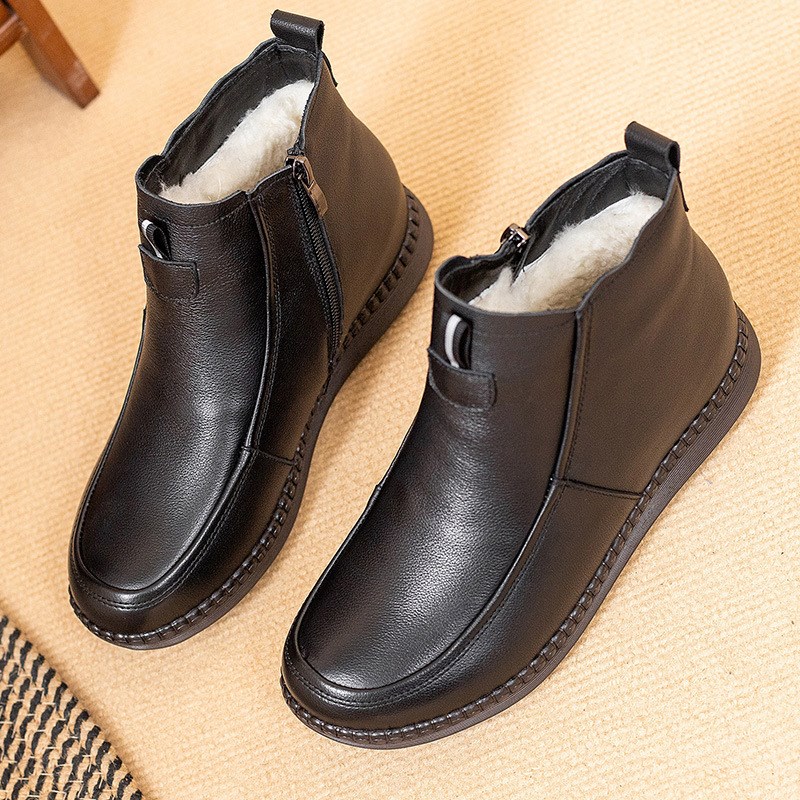 羊毛保暖中老年女鞋头层牛皮妈妈鞋棉鞋加M绒短靴牛筋底老人皮鞋
