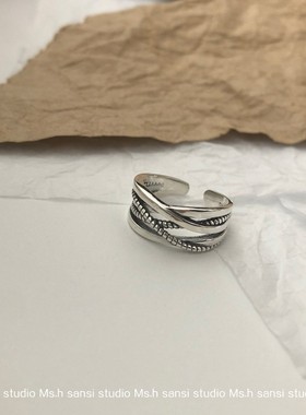 三四店 日韩版多层缠绕戒指复古麻花开口设计男女情侣925银戒指