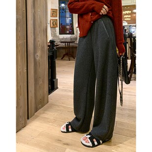 阿一 醋酸羊毛灰色毛呢裤女秋冬2024新款宽松Q阔腿裤子灰色休闲裤
