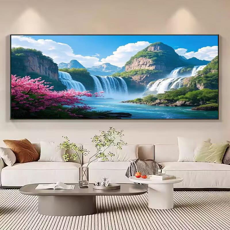 山水风景画瀑布流水生财平静湖面客厅沙发背景墙壁画招财风水挂画
