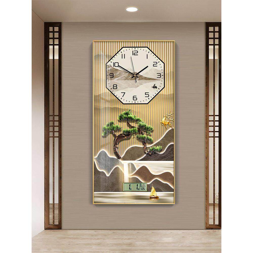 现代中式客厅饭厅钟表挂钟迎客松金鹿装饰画表挂墙时钟横版带日历