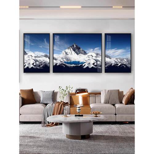 客厅装饰画珠峰梅里贡嘎雪山沙发背景墙挂画三联日照金山风景壁画