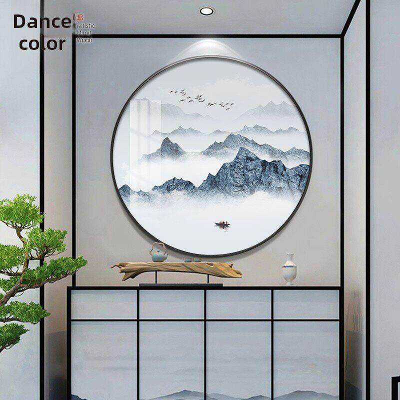 现代新中式圆形装饰画餐厅3d山水画客厅背景墙过道寓意好玄关挂画