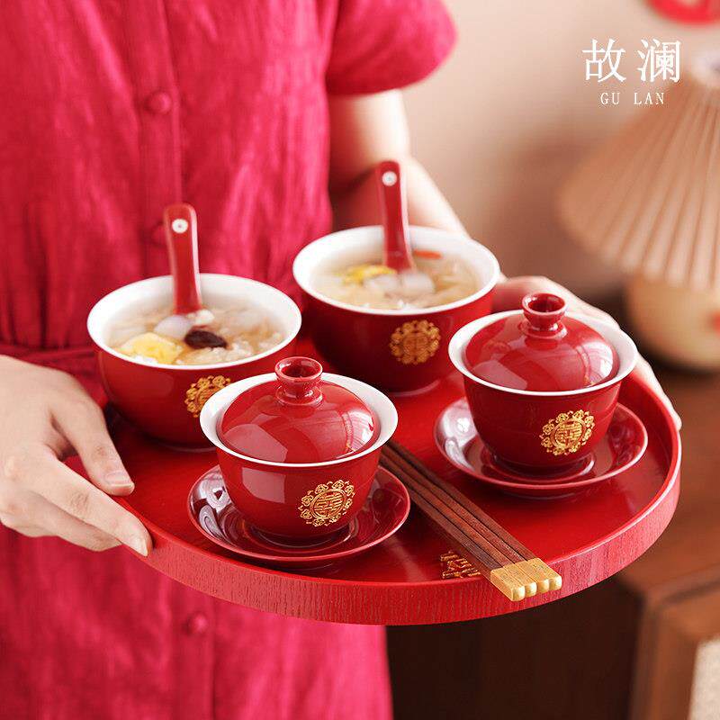 景德镇新品结婚碗筷套装中式婚礼改口敬茶杯陶瓷喜碗一对新婚餐具