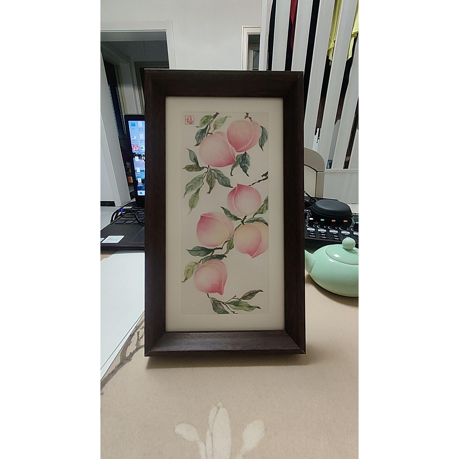 纯手绘寿桃没骨牡丹 新中式国风摆台茶室书桌摆件装饰画含框15*27