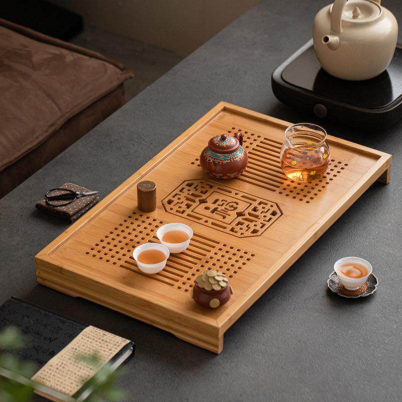 简约竹制茶盘家用办公功夫茶具抽屉式储排水长方形大小茶托盘茶台