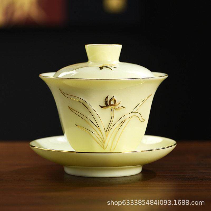 高档宝石黄描金三才盖碗茶壶陶瓷家用功夫茶具单个泡茶碗防烫中式