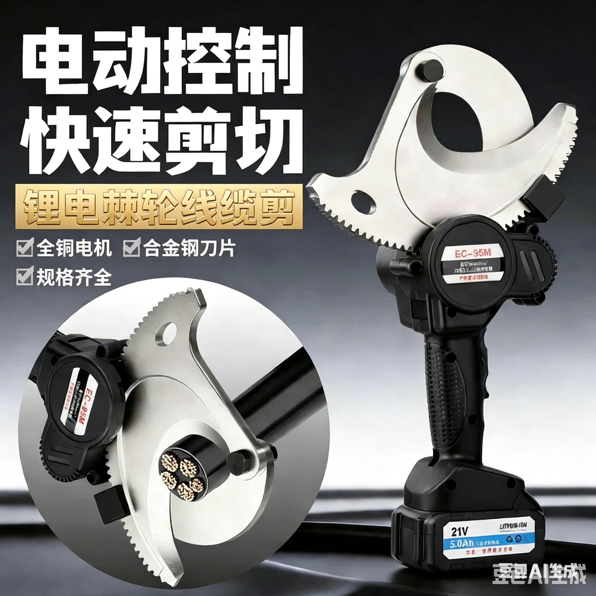 电动充电棘轮铠装铜铝电缆剪/钢绞线剪锂电小型齿轮剪刀.