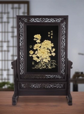 弗朗德客厅办公室装饰品金t箔花开富贵屏风摆件送长辈轻奢商务礼
