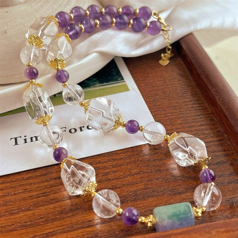 小众设计感大颗粒天然白水晶紫水晶混搭项链女diy手作多宝锁骨链,饰品/流行首饰/时尚饰品新,颈饰,淘宝优惠券,粉丝福利购,淘宝优惠卷