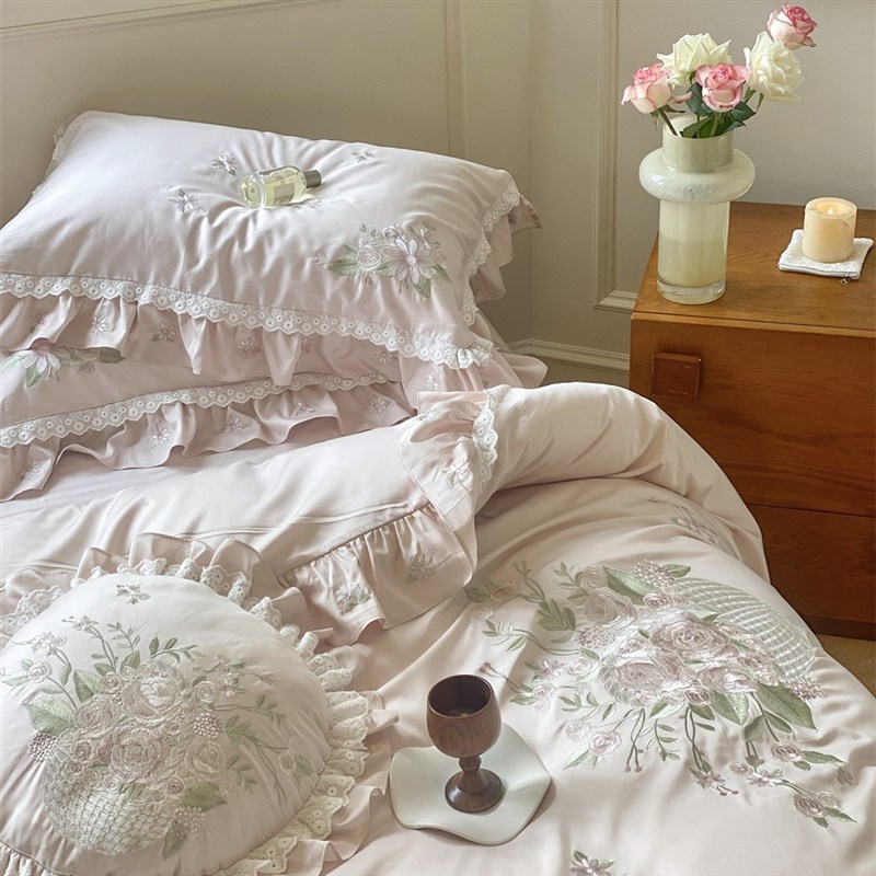 荔枝玫瑰100支长绒棉法式刺绣纯棉四件套公主少女花边全棉床品
