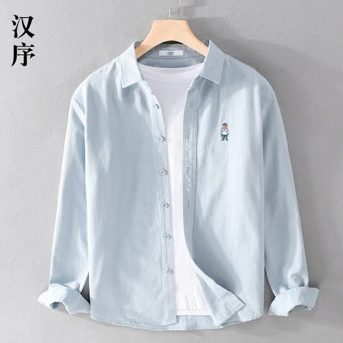 2023春夏季刺绣长袖衬衫衬衣男日系复古蓝色纯棉休闲寸衫外套白色
