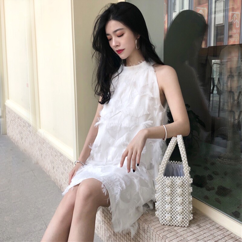 雪纺无袖吊带羽毛流苏挂脖连衣裙女夏季裙J子2021新款仙女超仙甜