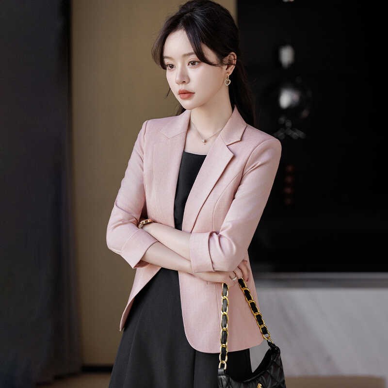 粉色西装外套女夏季薄款2025新款小个子中袖职业西U服连衣裙套装