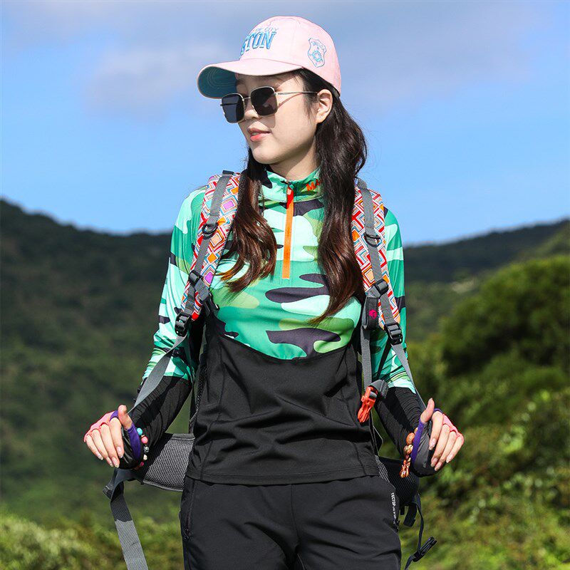 户外速干衣女长袖nT恤女弹力吸汗透气运动登山徒.步迷彩春夏