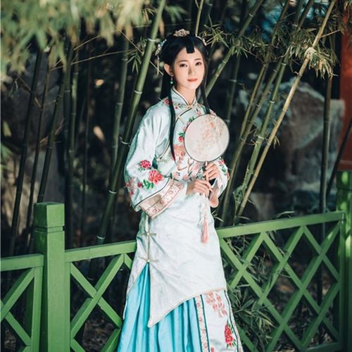 清汉女装b晋商少奶奶服装晚清古董衣对襟圆领袍子氅衣凤尾裙马面