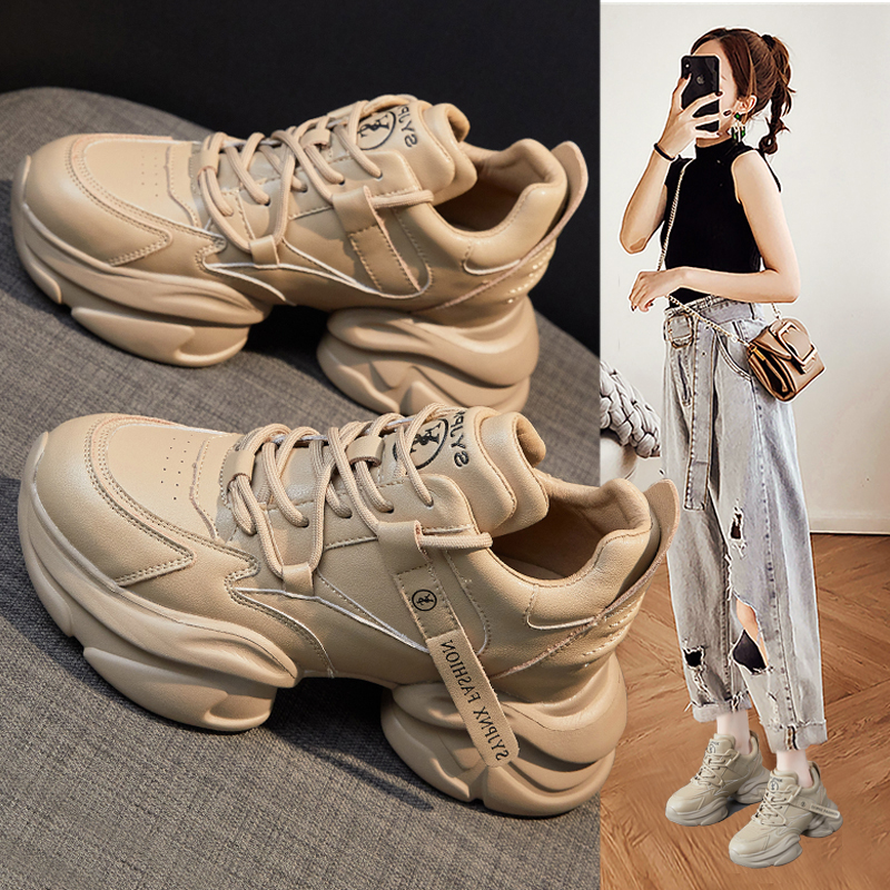厚底松糕老爹鞋女2023秋季新款真皮小个子轻便增高U爆款休闲运动