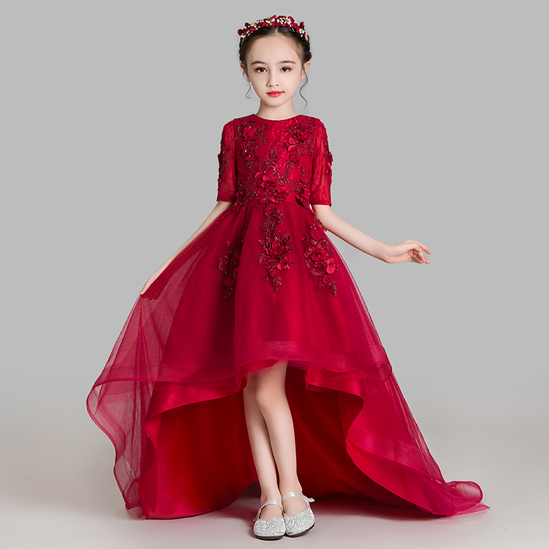 女童公主裙蓬蓬纱儿童鱼尾花童晚礼服H红色婚纱裙超长拖尾小主持