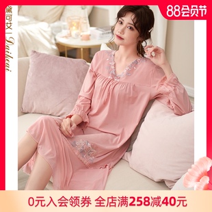 很仙的睡裙女士睡衣长袖裙子夏季春秋薄款纯棉过膝长W款宽松家居