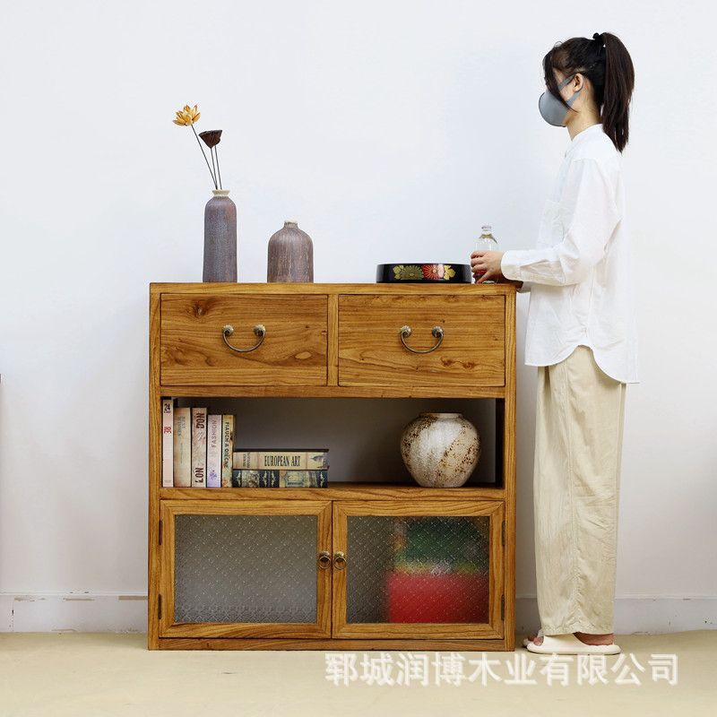 老榆木储物柜客厅置地式收纳柜边柜杂志书籍实木整理带抽屉柜子