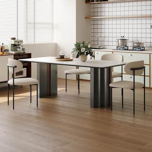 岩板餐桌不锈钢轻奢现代高级感新款极简家用小户型长方形桌椅组合