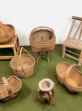 民俗老物件竹编篮子竹篓簸箕提篮竹椅子花架石碗茶馆装饰影视道具