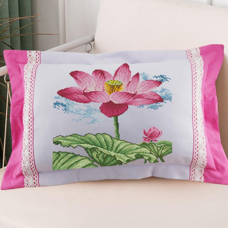 荷花十字绣单人枕莲之梦2花卉鲜花长方形抱枕儿童枕自己绣
