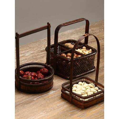 竹覆古篮储存水果盘篮背包家用漆器食品盒与午餐盒茶道具储存篮