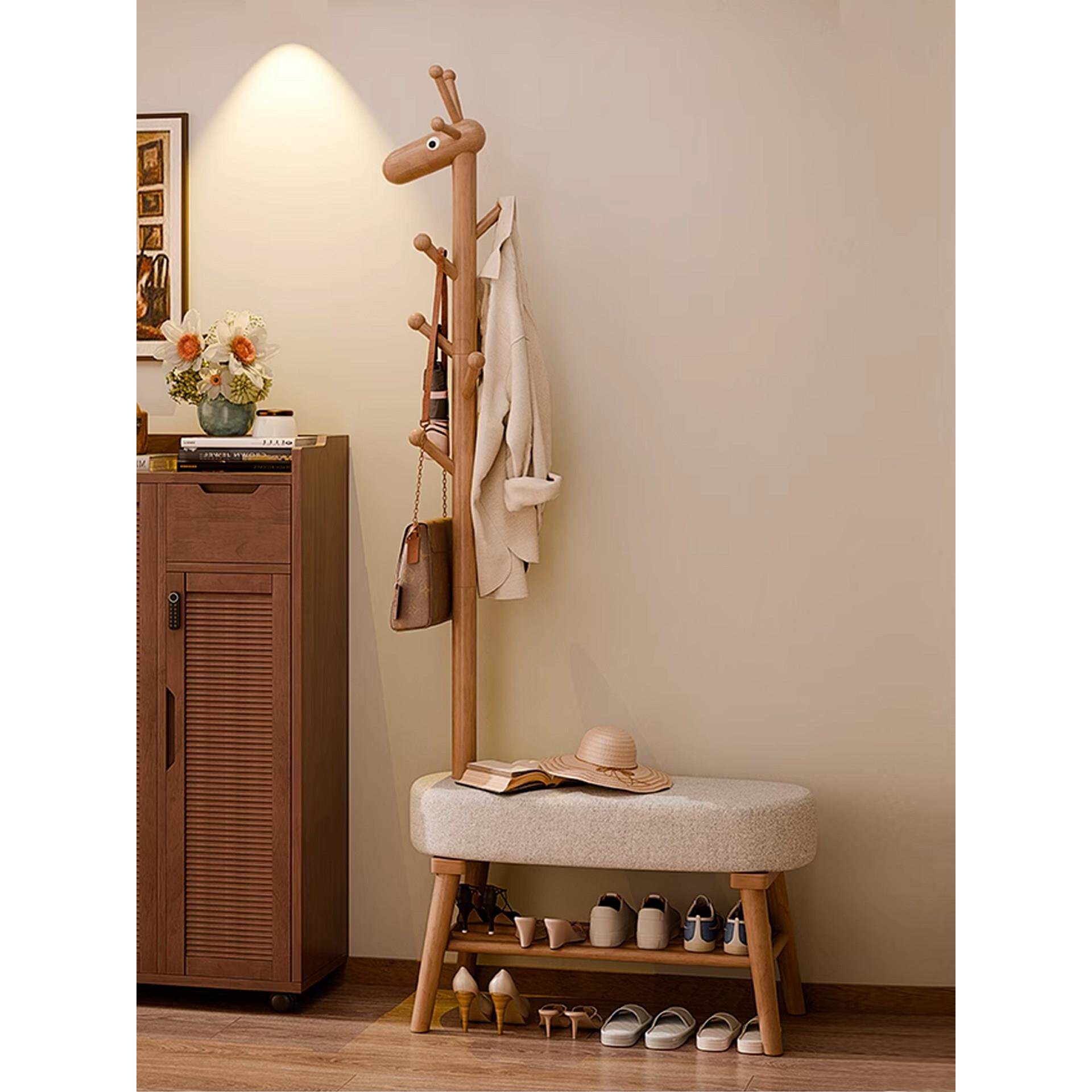 榉木落地立式挂衣架入户进门换鞋凳一体架子门口挂包架实木衣帽架