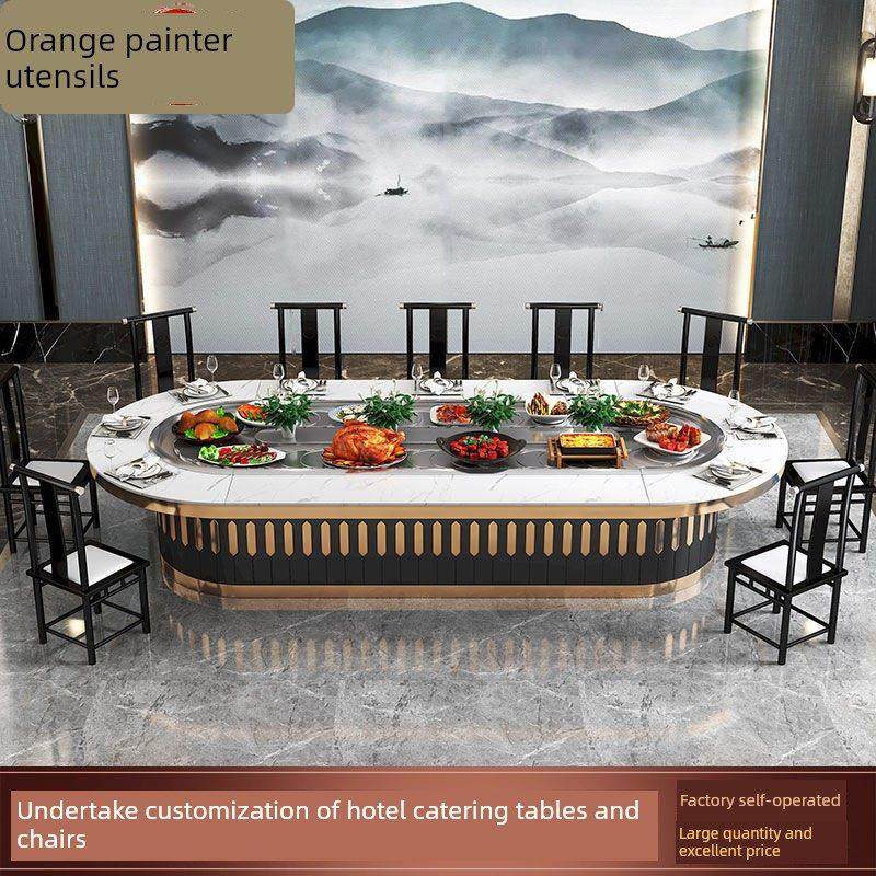 电动旋转餐桌椭圆电动餐桌多人聚会旋转桌岩板传送带旋转小火锅桌