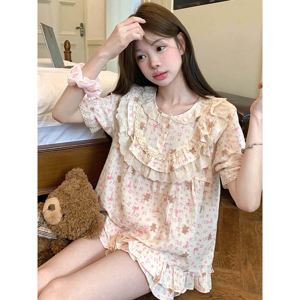 宫廷风纯棉睡衣女款夏双层纱布蕾丝碎花小熊娃娃领粉嫩少女家居服