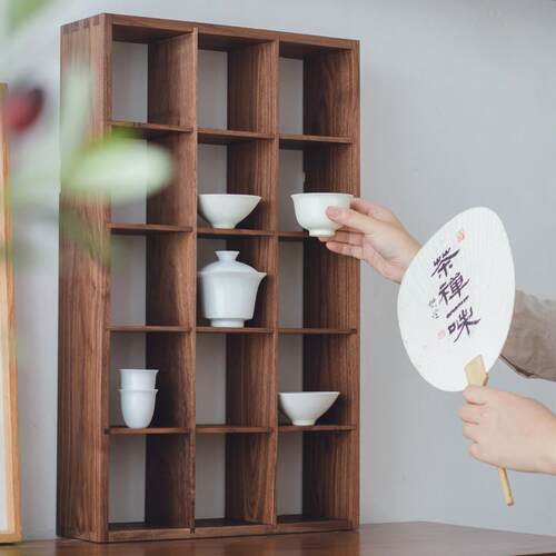 黑胡桃木实木茶室博古架茶具置物架茶杯实木展示架挂墙多宝格