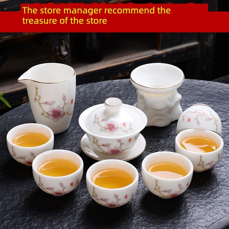 德化白瓷羊脂玉瓷茶具套装手绘描金家用三才盖碗功夫茶具礼盒套装