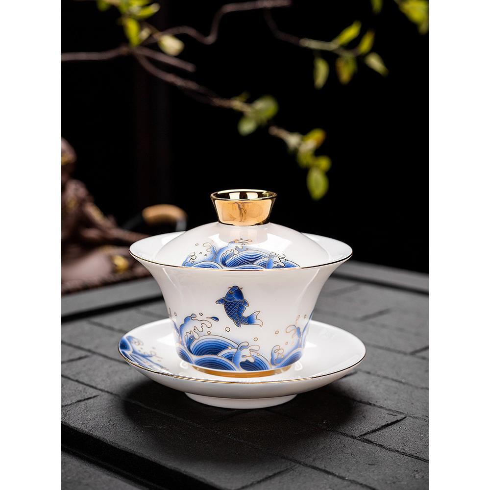 羊脂玉盖碗茶杯德化白瓷茶碗带盖单个三才大号功夫家用茶具套装