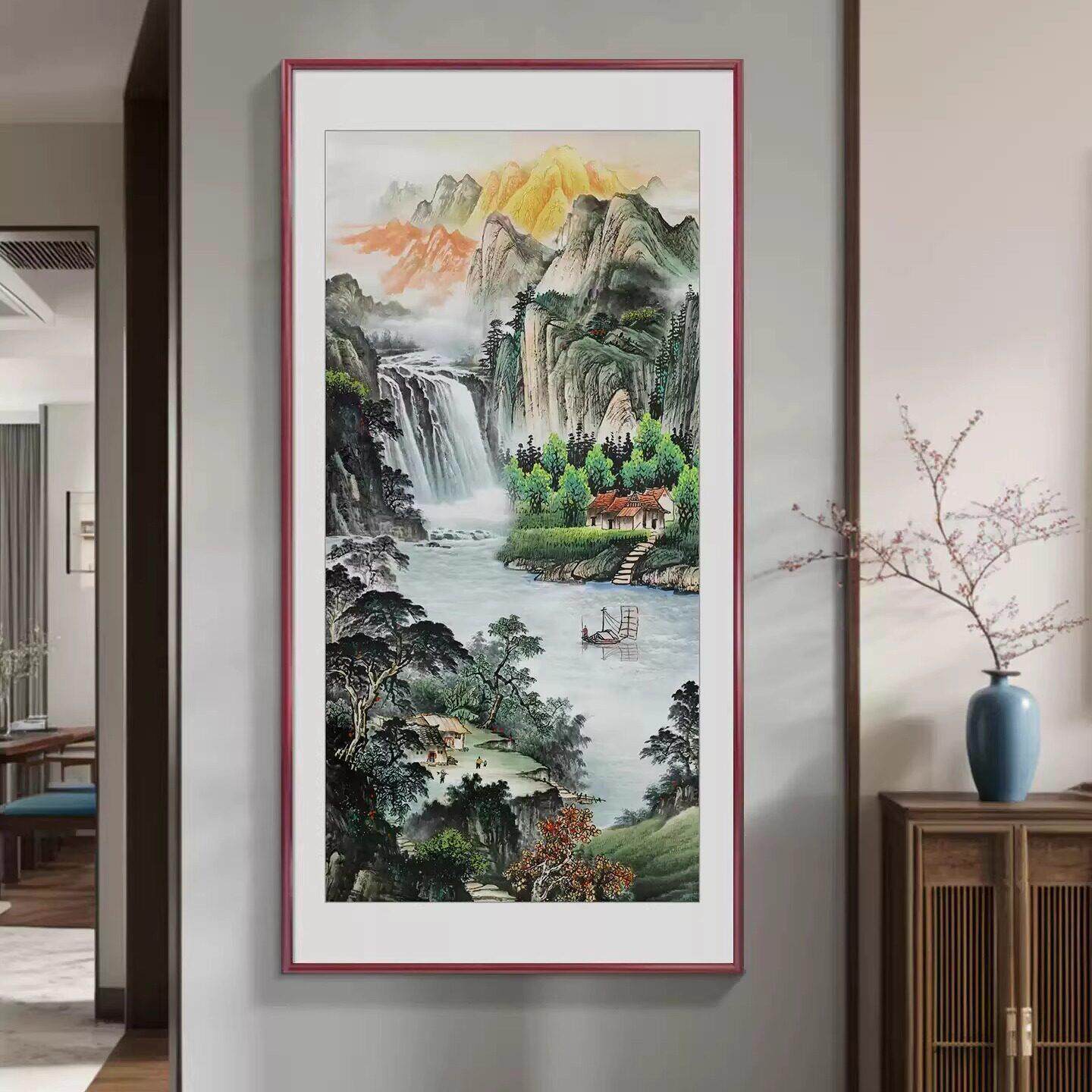 日照金山聚宝盆装饰画客厅玄关挂画新中式西墙聚财山水画风景壁画