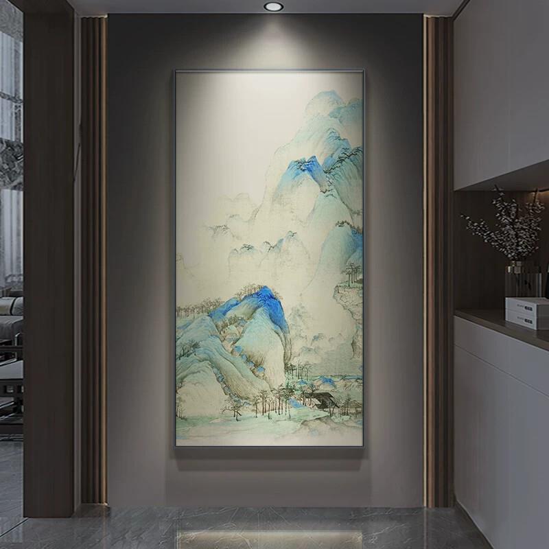 新中式入户玄关装饰画千里江山图竖版山水画楼梯挂画走廊过道壁画